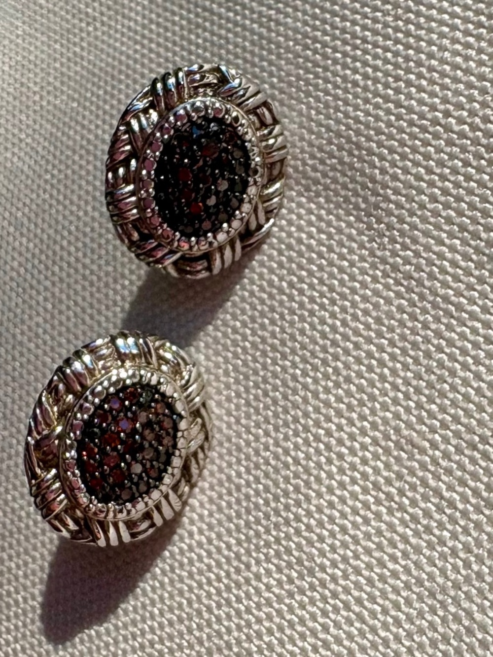 Sterling Silver 925 Garnet Red Pave Dark Glam Oval Stud Earrings